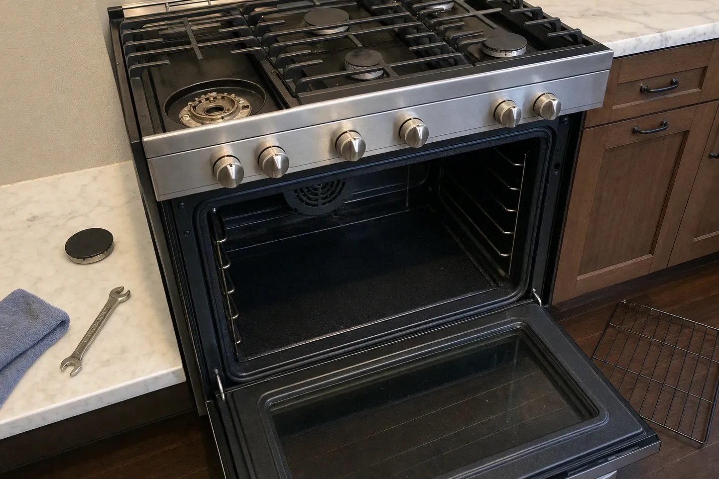 Stainless gas range with the oven door open on an empty cavity, one burner cap lifted off and a wrench on the counter