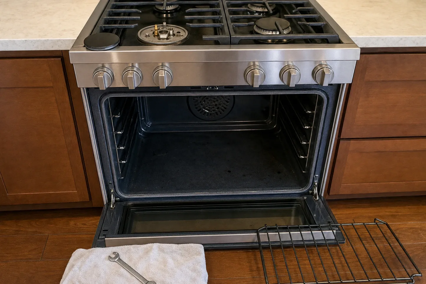 Cooktop burner taken apart down to the burner head and orifice on a stainless range, oven door open below