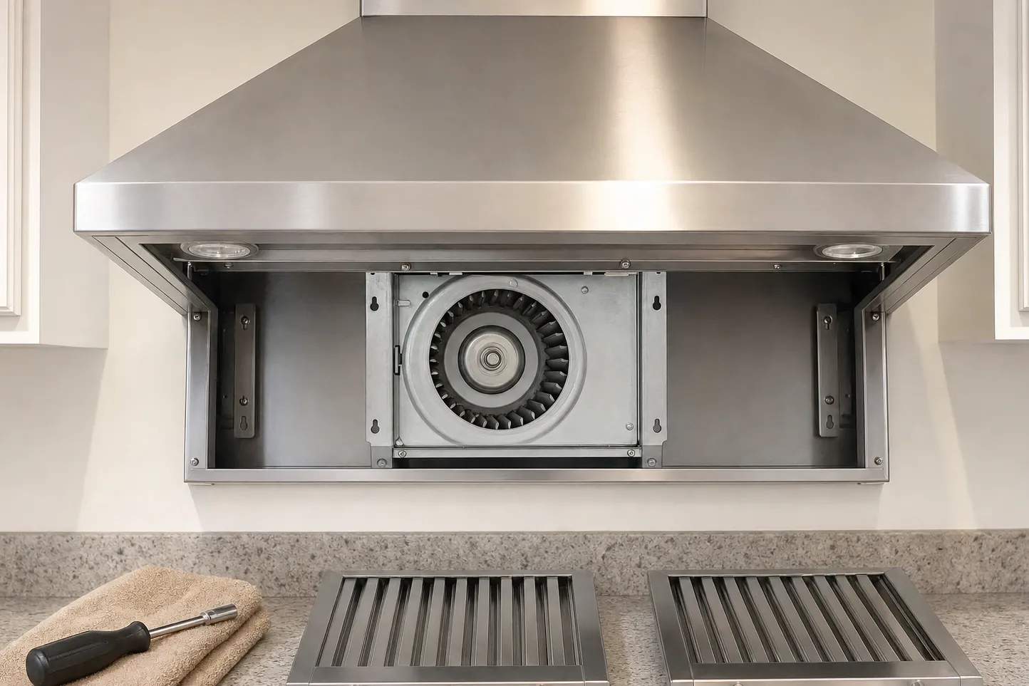 Underside panel of a stainless chimney hood opened to reveal the blower wheel, baffle filters set on the counter